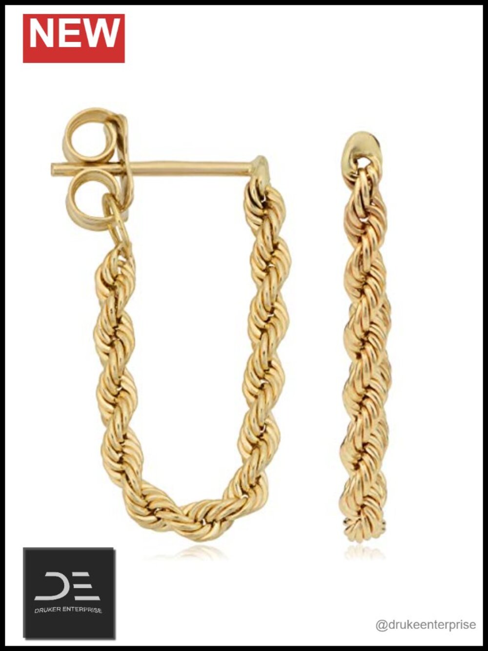 Womens 10K Gold Rope Dangle Earrings Push Back Posts